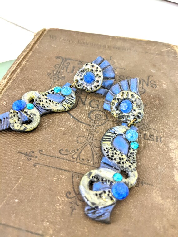 Vintage blue silver long jeweled clay long dangle… - image 3