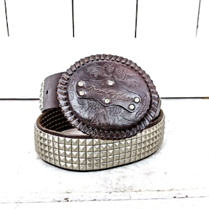 Vintage brown silver studded faux leather western buckle belt