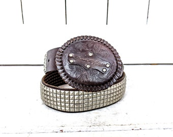 Vintage brown silver studded faux leather western buckle belt