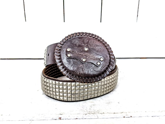 Brown silver studded faux leather western buckle belt Vintage Brown Silver Studded Faux Leather Western Buckle  main image 2