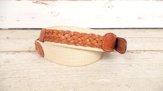 Vintage Woven Tan Leather/canvas Belt/braided Chord Belt/30  display picture 3