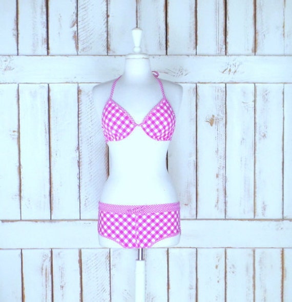 pink and white checkered bikini