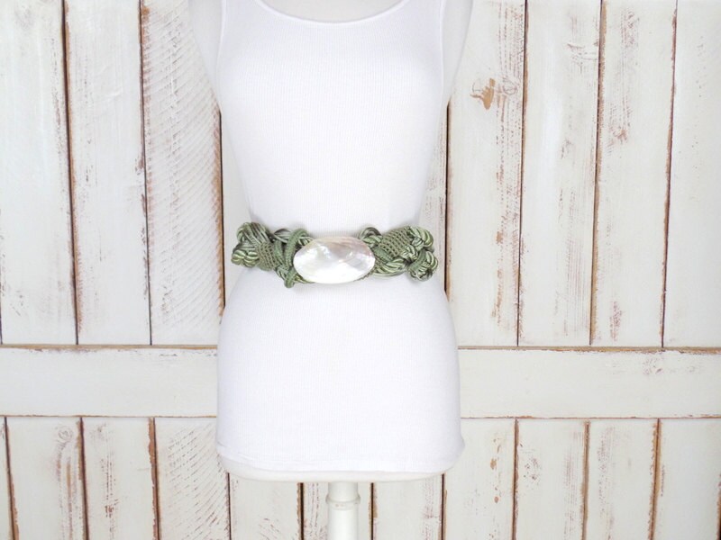 Vintage Abalone and Silk Cord Belt‎ M/L Vintage Abalone Shell Buckle With Satin Rope Cord Belt  main image 2