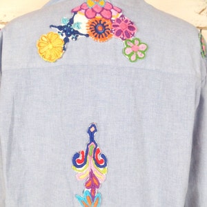 Vintage blue cotton denim ruffle button down boho shirt/embroidered patch hippie chambray top/blue jean shirt