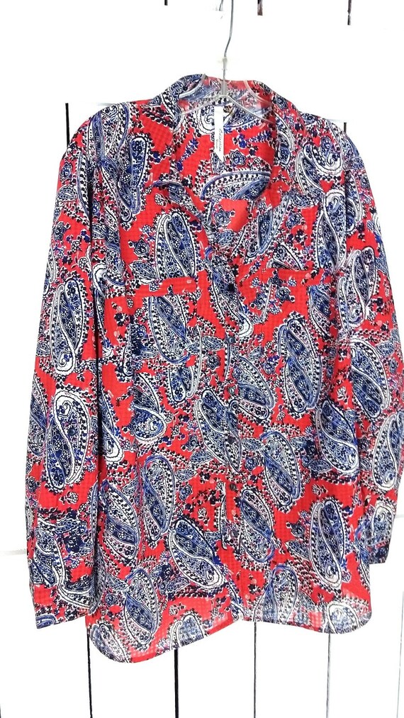 Sheer red blue paisley floral long sleeve button … - image 3