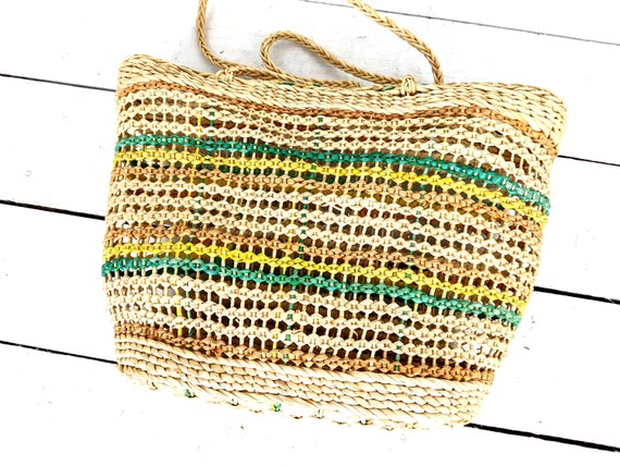 Striped woven straw rattan market bag straw shoul… - image 2