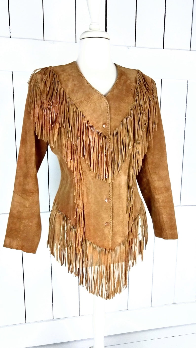 Vintage Echo Mountain by Arturo brown suede leather fringe boho jacketfestival fringe hippie shirt jacket10