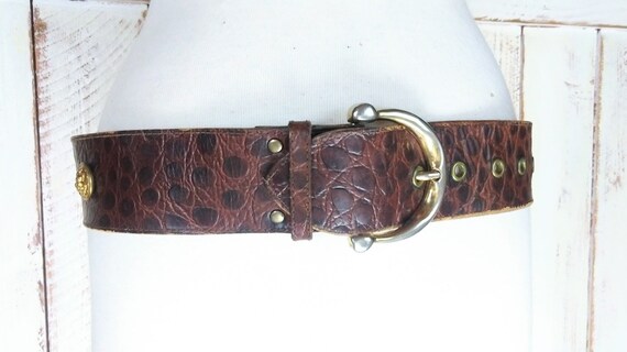 Vintage Jill Stuart Wide Brown Reptile Croc Embossed Leather 