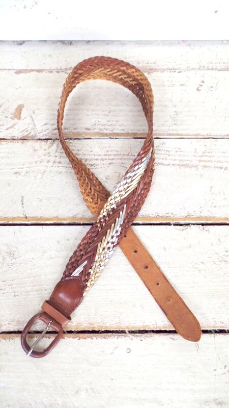 Woven Brown/metallic Gold Leather Vintage Boho/hippie Belt  display picture 1
