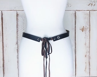 Vintage Guess black/brown leather fringe boho/festival belt/tassel tie belt/medium