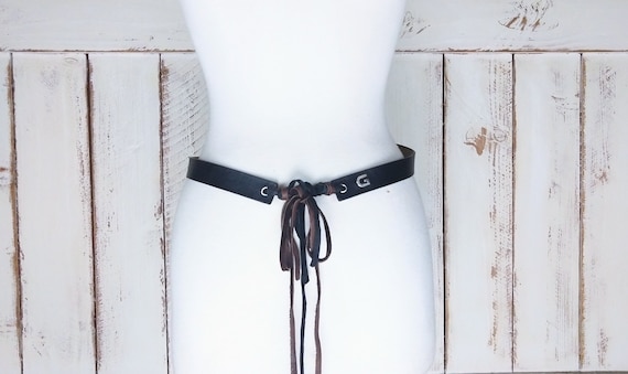 Vintage Guess Black/brown Leather Fringe Boho/festival Belt 