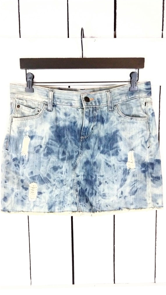 Bleached tie dye light blue denim jean mini skirt/