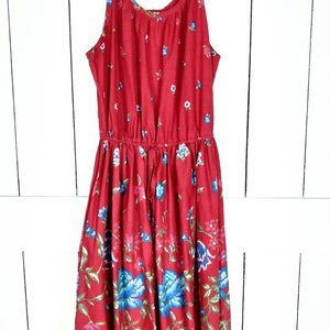 Vintage red floral sleeveless cotton midi summer dress/bow strap floral stretch waist dress image 2