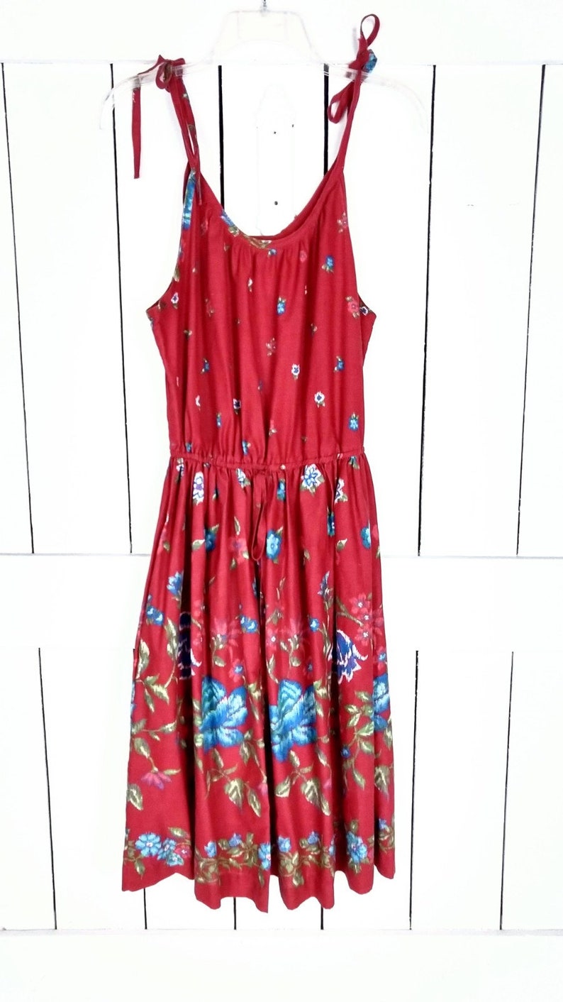 Vintage red floral sleeveless cotton midi summer dress/bow strap floral stretch waist dress image 2