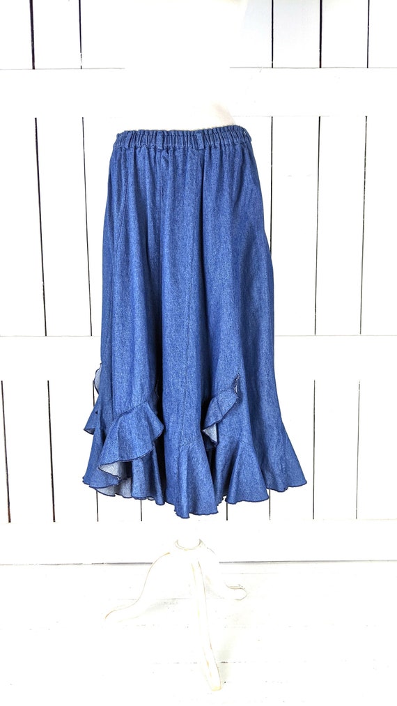 Vintage blue ruffle flowy long denim jean skirt