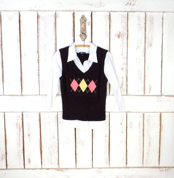 90s brown argyle knit sweater vest shirt - image 1