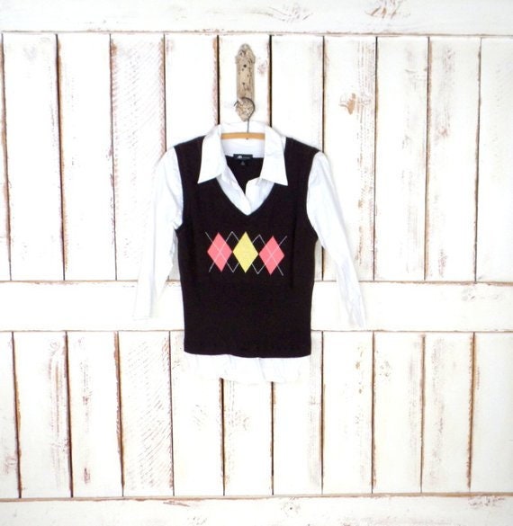 90s Brown Argyle Knit Sweater Vest Shirt Etsy UK
