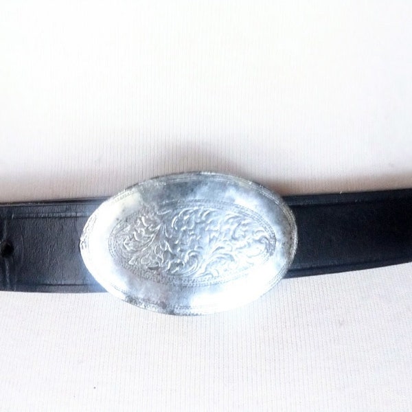 90s black leather embossed silver brass buckle belt/unisex belt/Lands End belt/28