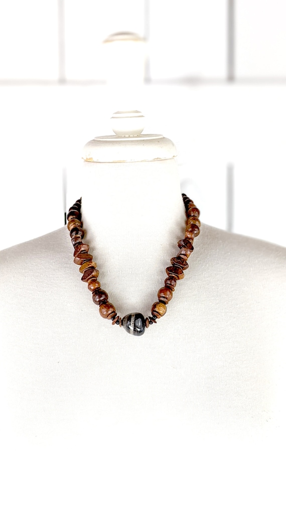 Chunky wood bead tribal stone  necklace