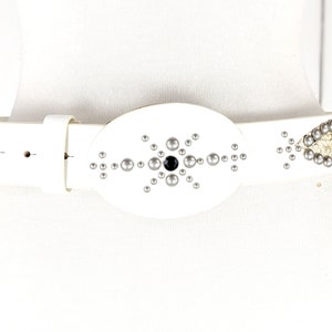 White silver studded reptile print faux leather western buckle belt