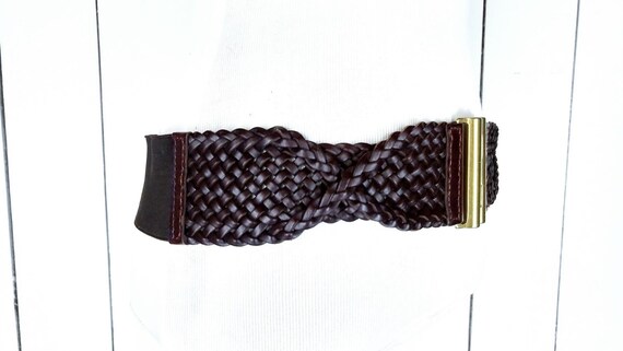 90s brown wide stretch faux leather braided belt/… - image 3