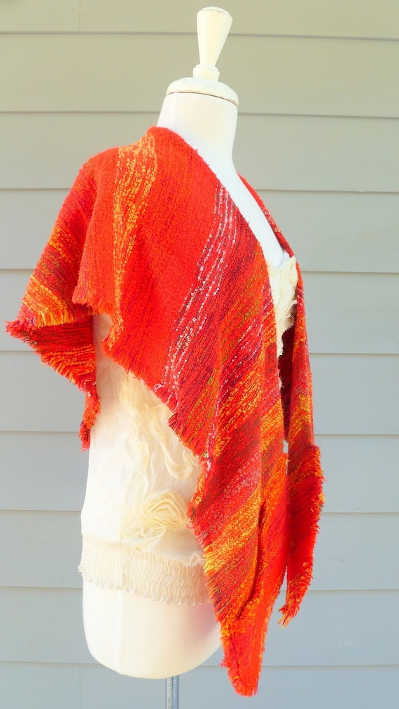 Vintage striped fringe woven wool shawl wrap