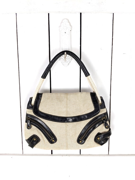 Vintage ivory black twill cotton shoulder rope bag