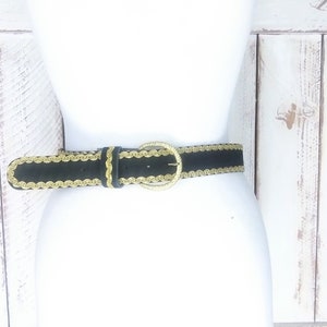 Vintage black felt velvet gold ribbon trim belt/29&quot;-33&quot;