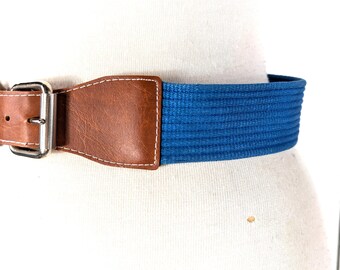 Vintage 90s wide woven blue cloth chord faux leather trim belt Vintage 90s Wide Woven Blue Cloth Chord Faux Leather Trim  main image 3