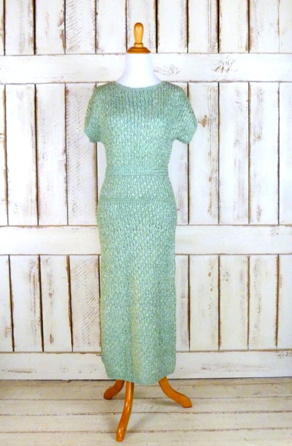 40s/50s vintage sea foam green woven ribbon midi d
