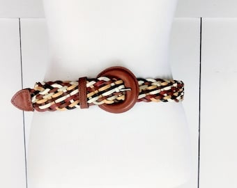 Vintage 1970s Womens Wide Braided Leather Belt Dark Brown Double D-Ring Boho 32\