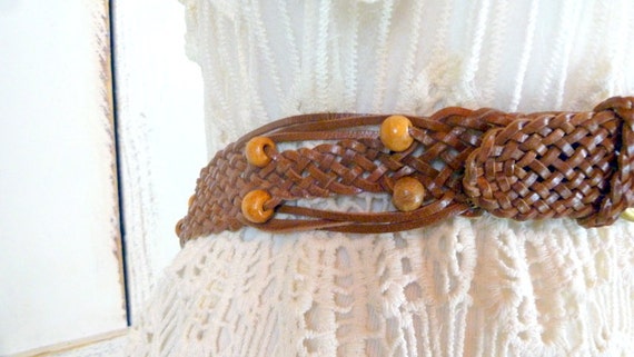 Vintage woven brown leather beaded boho belt - image 3