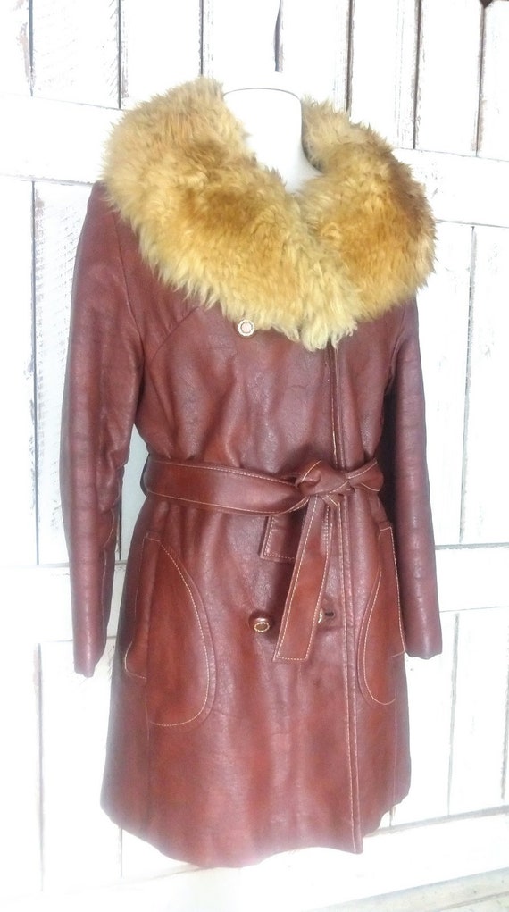 70s vintage brown faux leather belted sheepskin f… - image 6