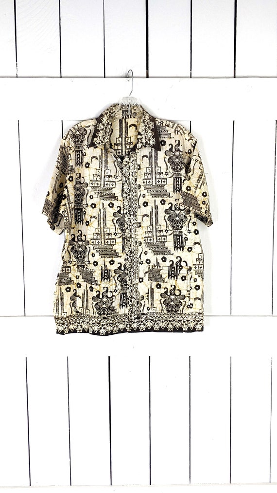 Vintage mens brown beige tribal Hawaiian tiki luau