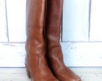 Vintage Frye ladies brown leather knee high cowboy boots