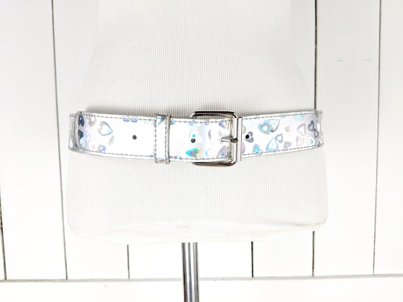 Iridescent silver heart plastic wide retro belt - image 1