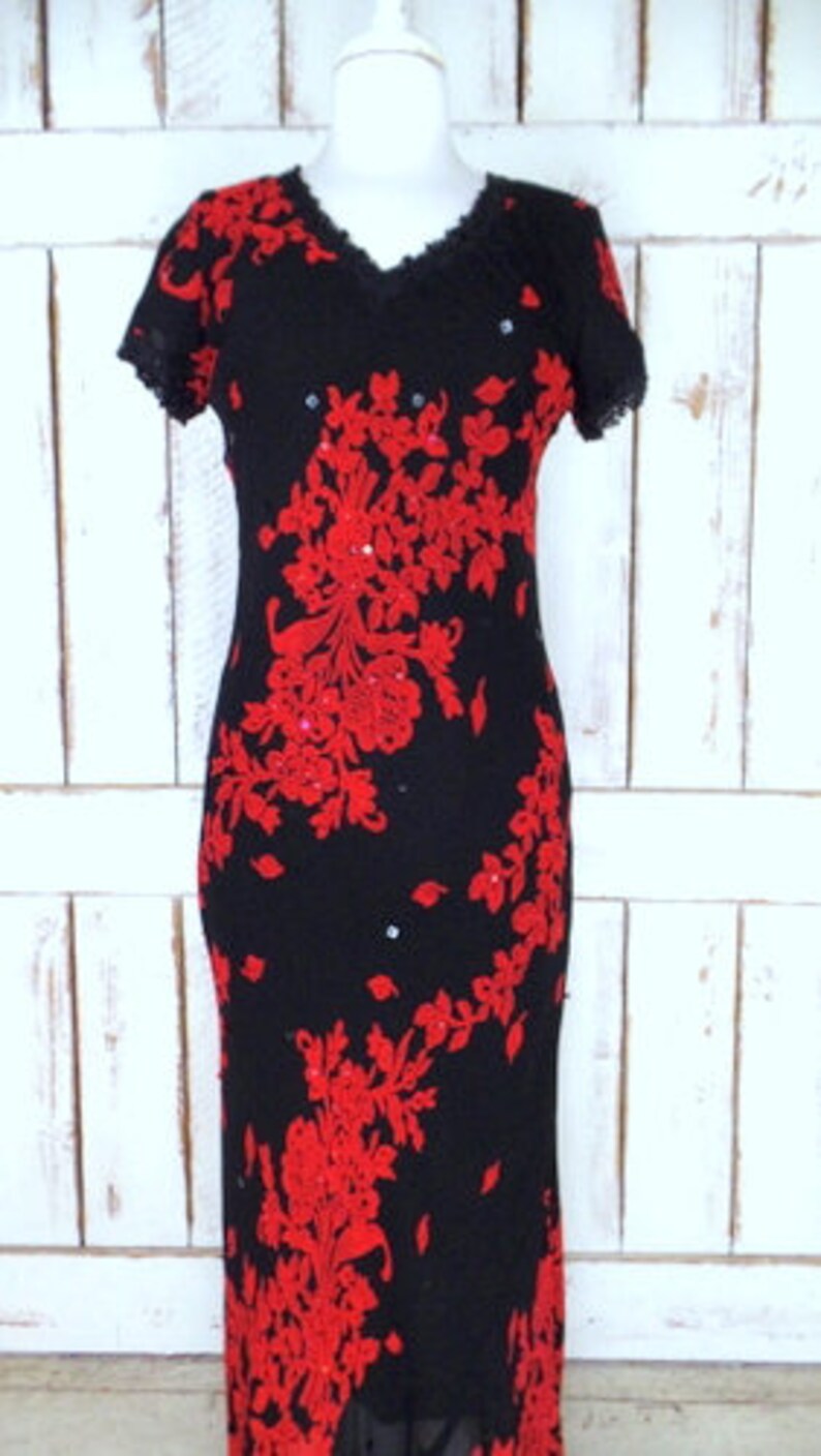 90s vintage red/black beaded floral fitted maxi dress/1990s | Etsy