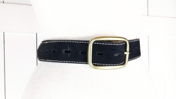 Black Suede Leather White Stitch Belt Medium - Etsy display picture 2