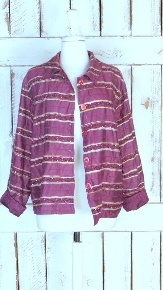 Vintage 90s pink/purple striped floral brocade be… - image 2