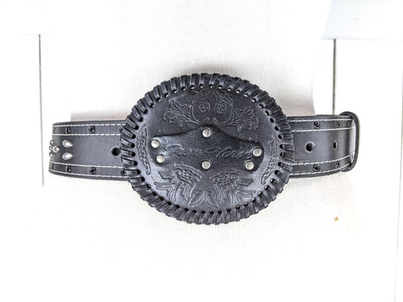 Vintage Tooled Black Silver Studded Faux Leather Large  display picture 1