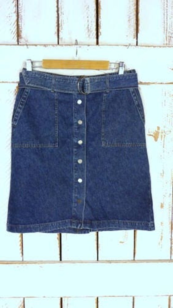90s vintage blue jean denim button down belted sk… - image 1