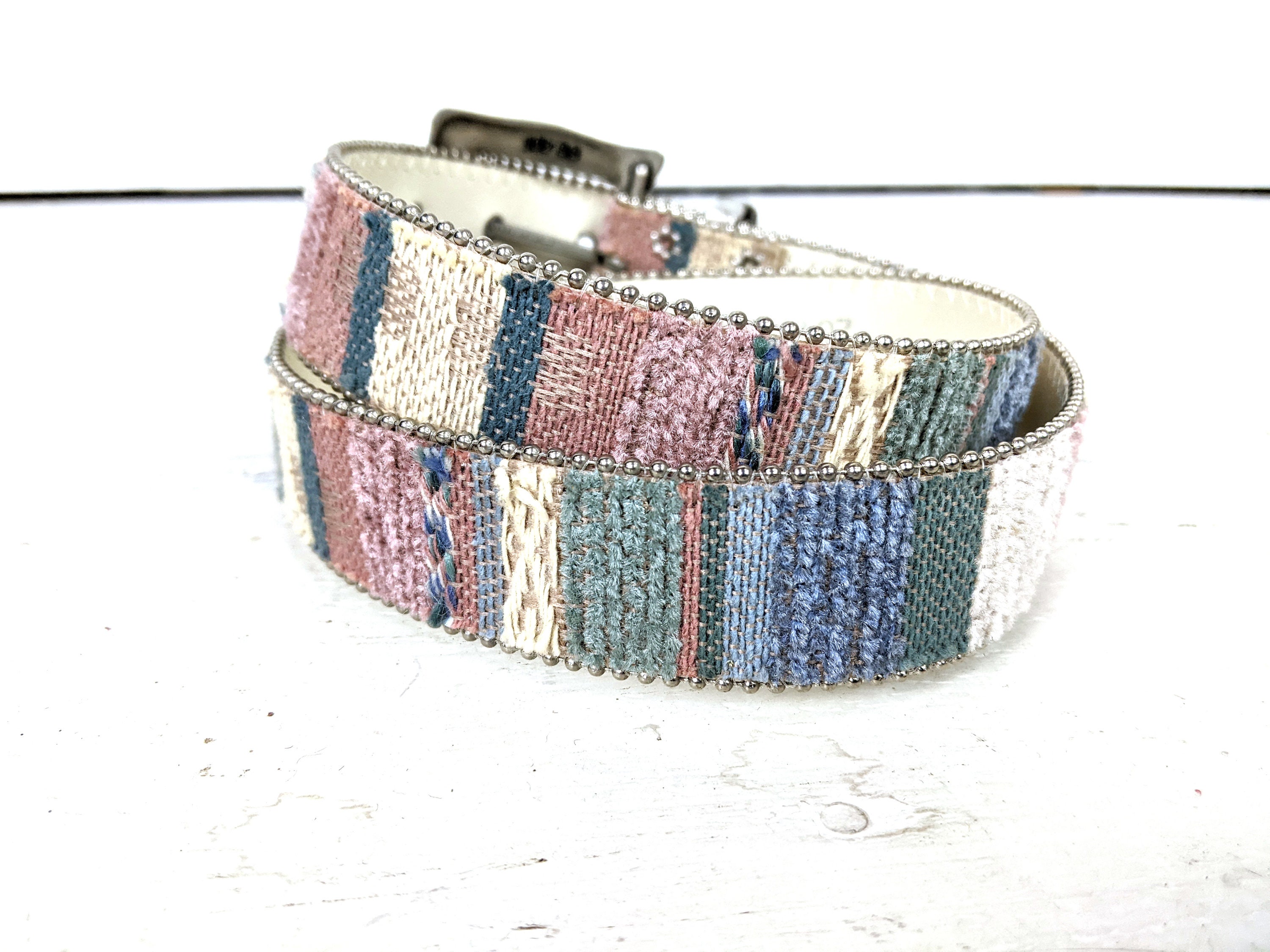 Vintage Elite striped woven fabric bead trim belt Elite Fresno California Belt M 30-32 main image 3