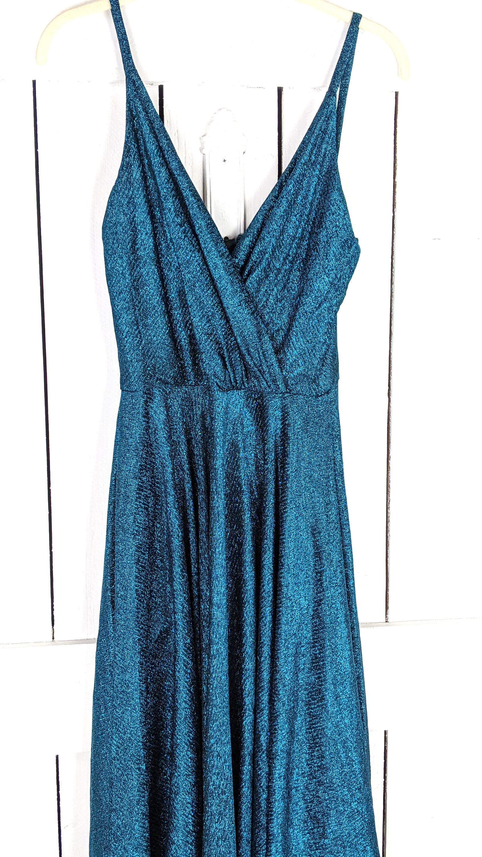Vintage Lilli Diamond Blue Metallic Glitter Stretch Spaghetti Strap Party  Evening Cocktail Pocket Dress