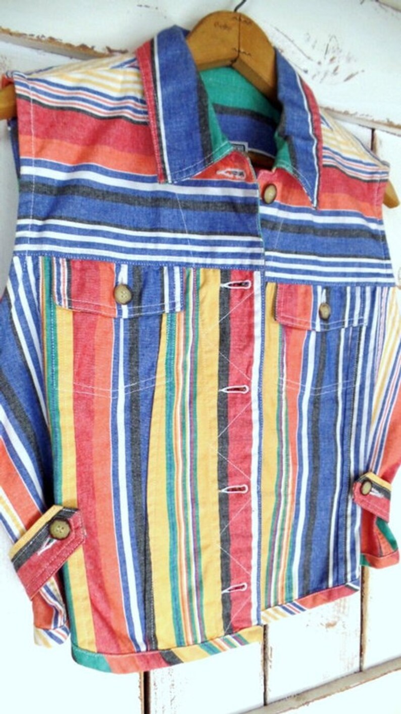 Vintage 90s striped cotton vest/colorful short fitted vest/red/blue/yellow button down vest image 3