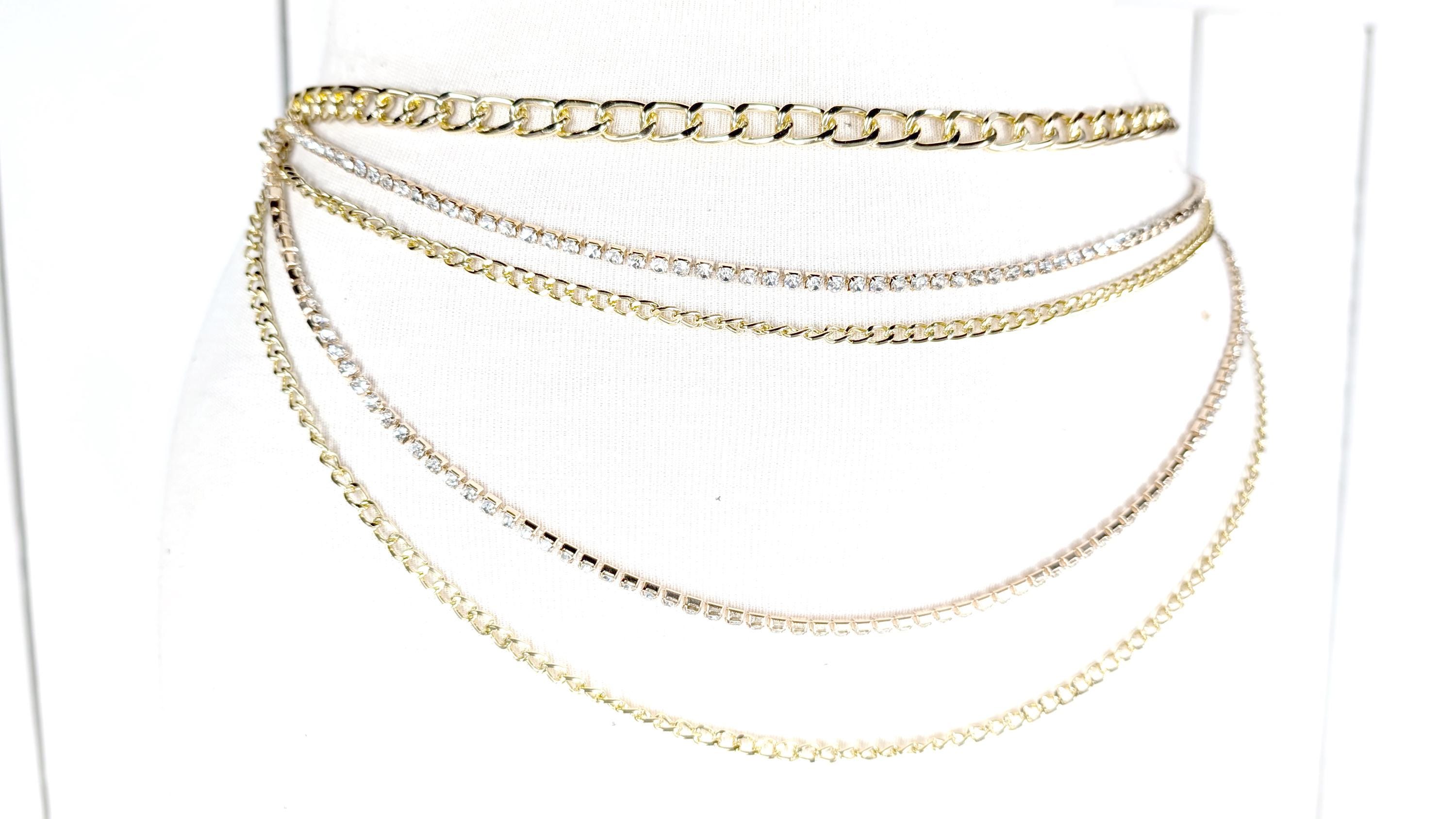 Iconic Rhinestone Layered Gold Chain Belt - Gold Sarah 5-Row Crystal Rhinestone Chain Belt - Gold – Sophia  main image 2