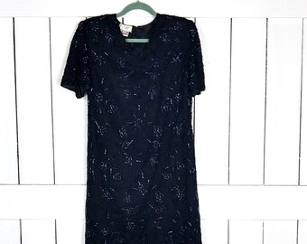 Vintage JMC black silk floral beaded short sleeve midi cocktail dress