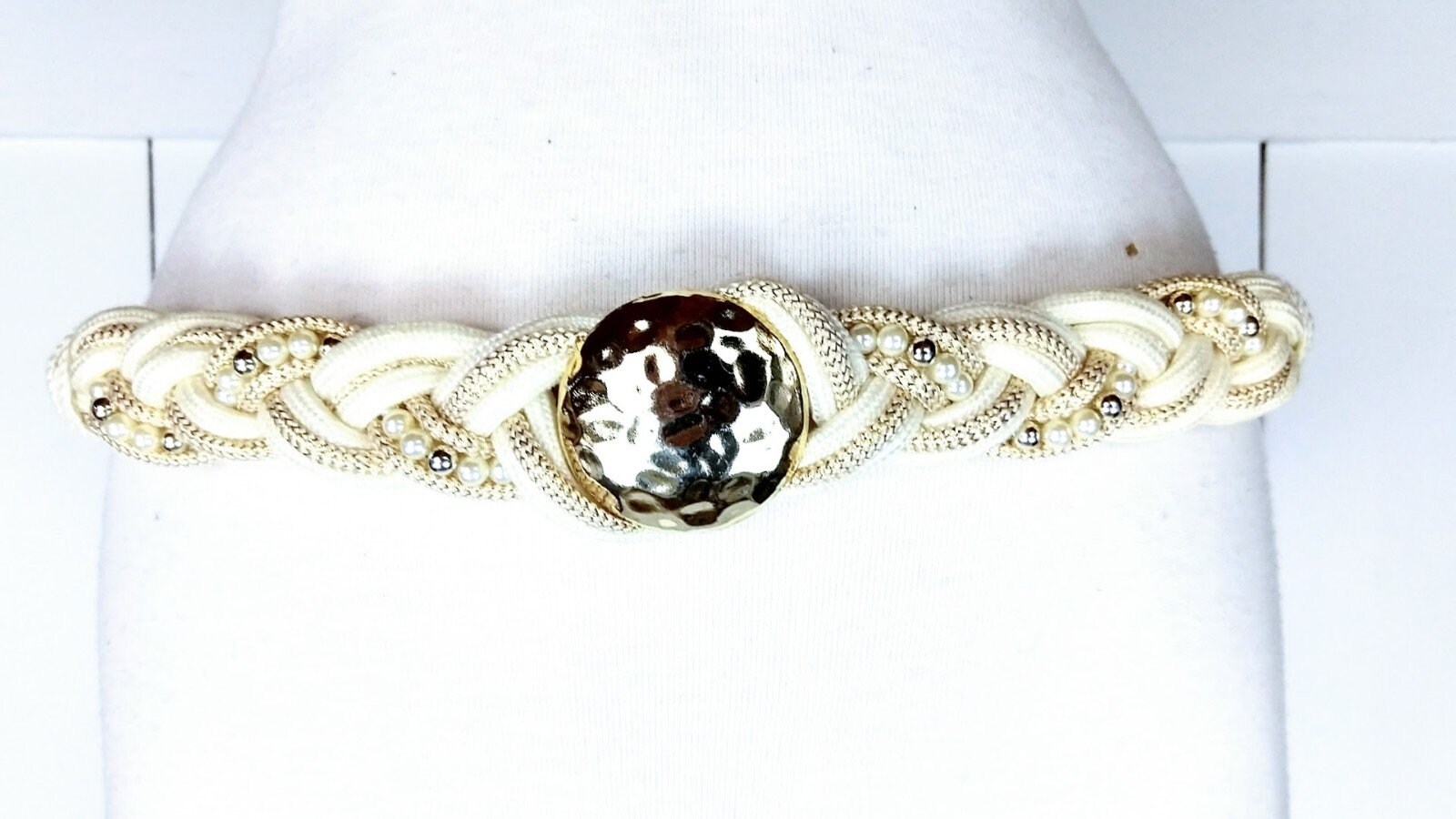 Vintage Ivory Braided Gold Medallion Disc Beaded Rope Belt 