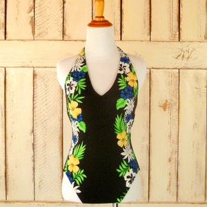 Vintage black tropical floral one piece halter top swim suit/black floral bathing suit