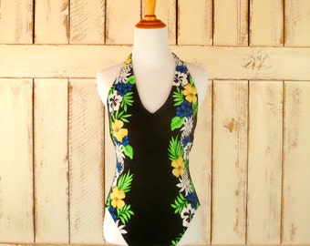 Vintage black tropical floral one piece halter top swim suit/black floral bathing suit