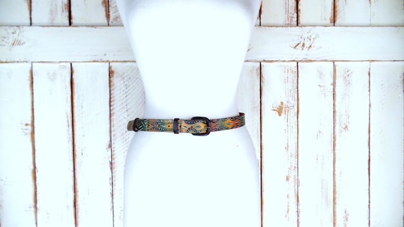 90s vintage hand painted tribal art leather belt 90s Vintage Hand Painted Tribal Art Leather Belt - Etsy main image 2